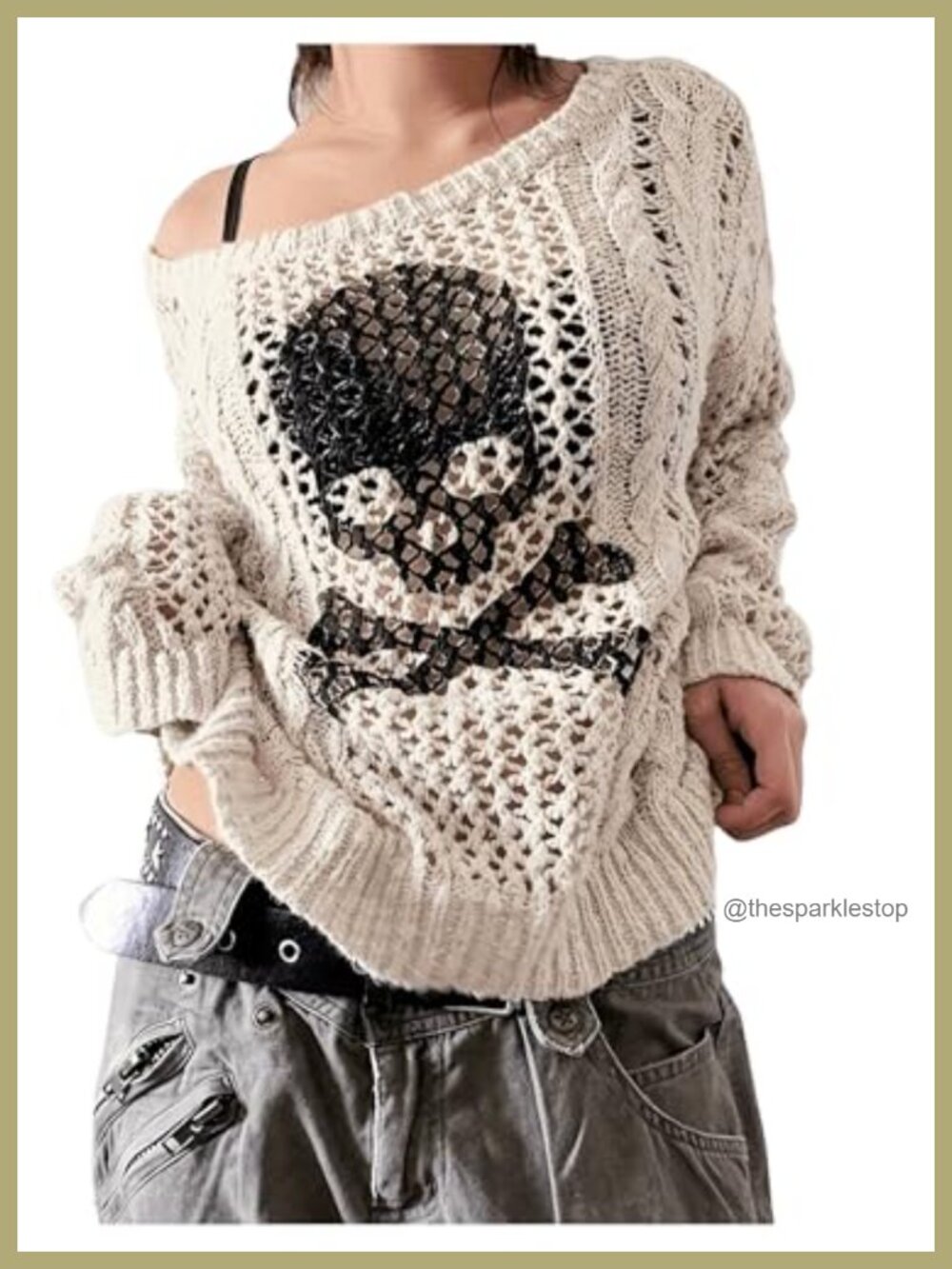 SHENHE Women's Skull Print Hollow Out Loose Knit Goth Grunge Off Shoulder Sheer